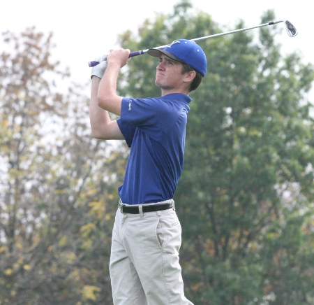 York senior Connor Rinoski finished follows through on a swing at the No. 3 tee box during Tuesday's final round of the 3A state golf tournament. (Will Armbruster/WYDaily)