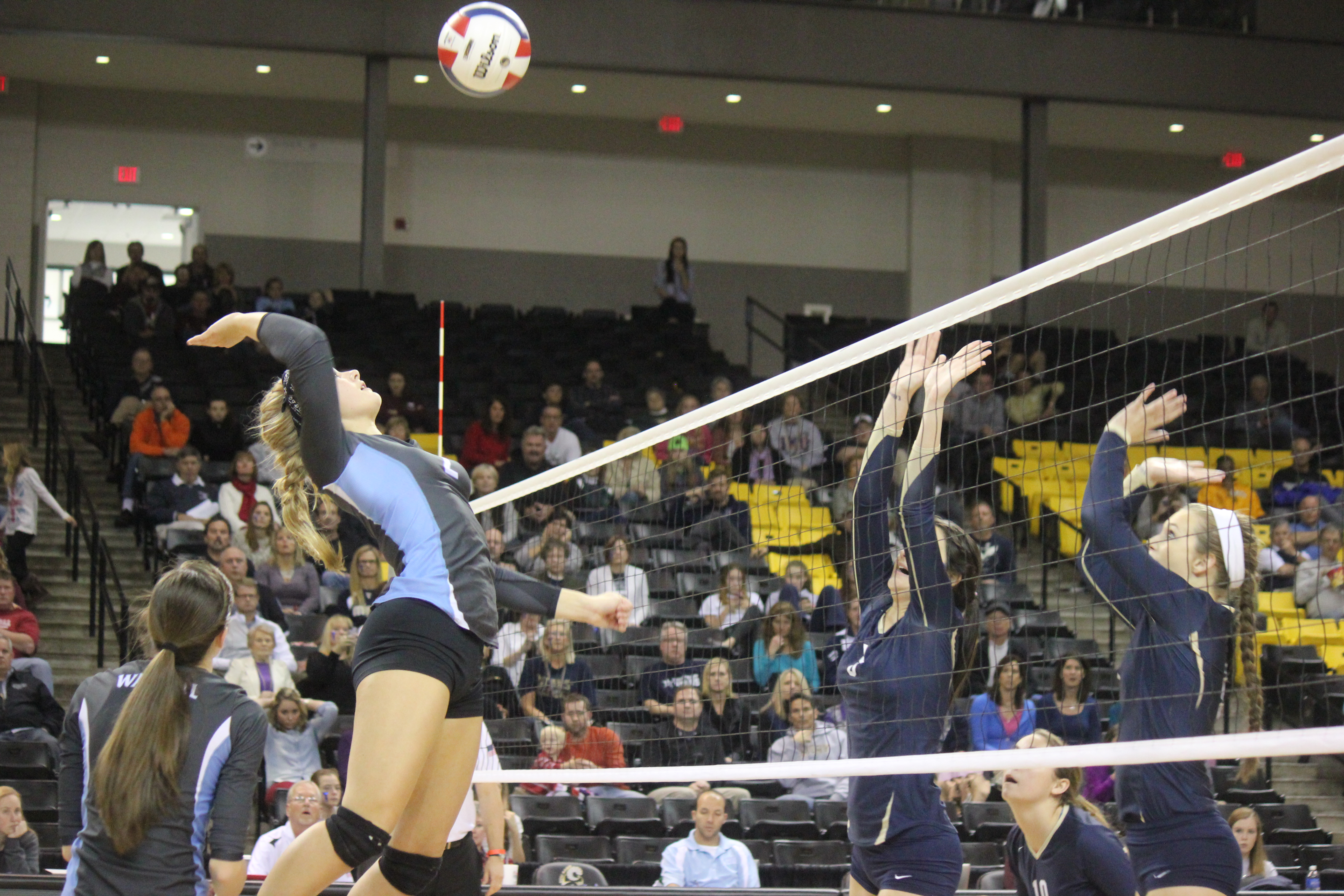 Nicole Mulligan goes for a kill in Warhill's match against Hidden Valley in the Group 3A State Championship on Saturday. (Nicole Trifone/WYDaily)