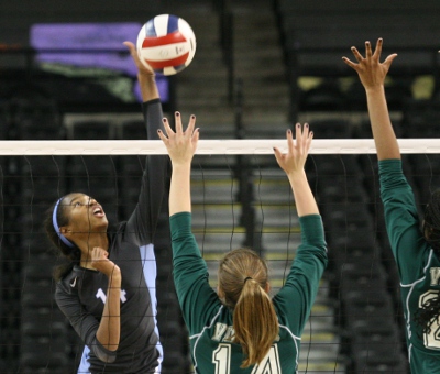 Freshman Cori Clifton raises up to spike the ball during Warhill's 3-1 win over Northside in the 3A state semifinals on Thursday. (Will Armbruster/WYDaily)