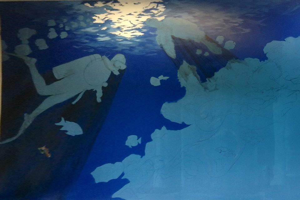 Haley Ellis' mural, in progress, at Uncle Russ' Dockside Seafood Market (Photo courtesy of Haley Ellis)