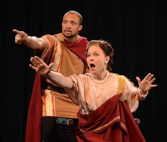 Tre Cotten and Tamara Johnson in "Julius Caesar," one of the two shows in this year's Virginia Shakespeare Festival (Photo by Geoff Wade)