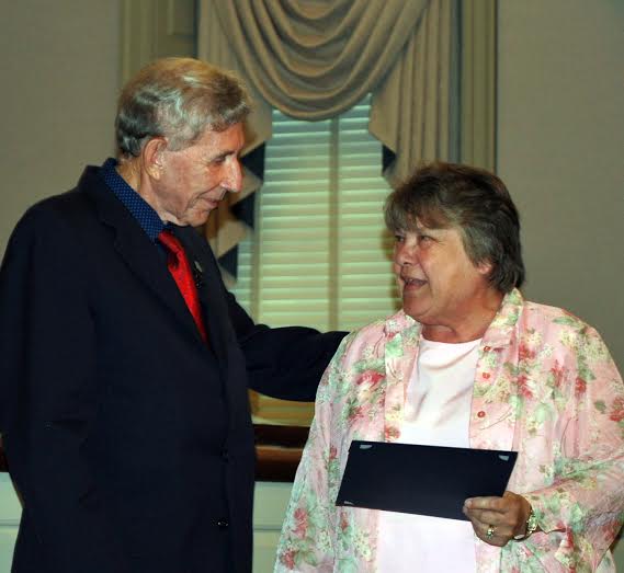Board of Supervisors Chairman Don Wiggins congratulates Circuit Court Land Records Supervisor Linde Hughes for her 20 years of service to York County (Submitted)