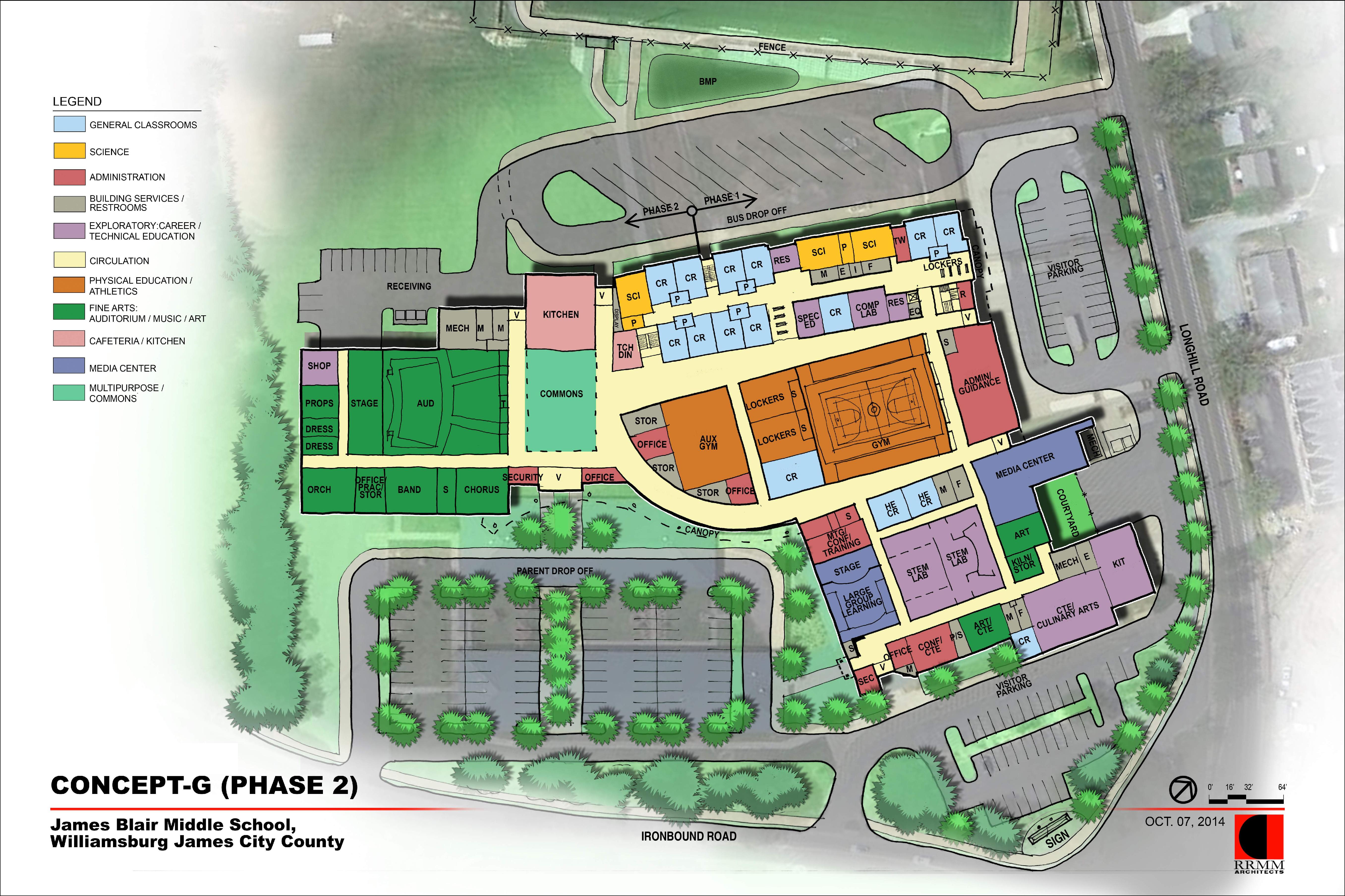 Phase 2 of the James Blair Middle School project, depicting a completed 900-seat school and reconfigured parking lot. (Image courtesy RRMM Architects)