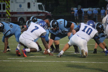 Defensive linemen Darius Reynolds (No. 7) and Garrett Gatz (10) line up in a game earlier this season against Warhill. (Nicole Trifone/WYDaily)