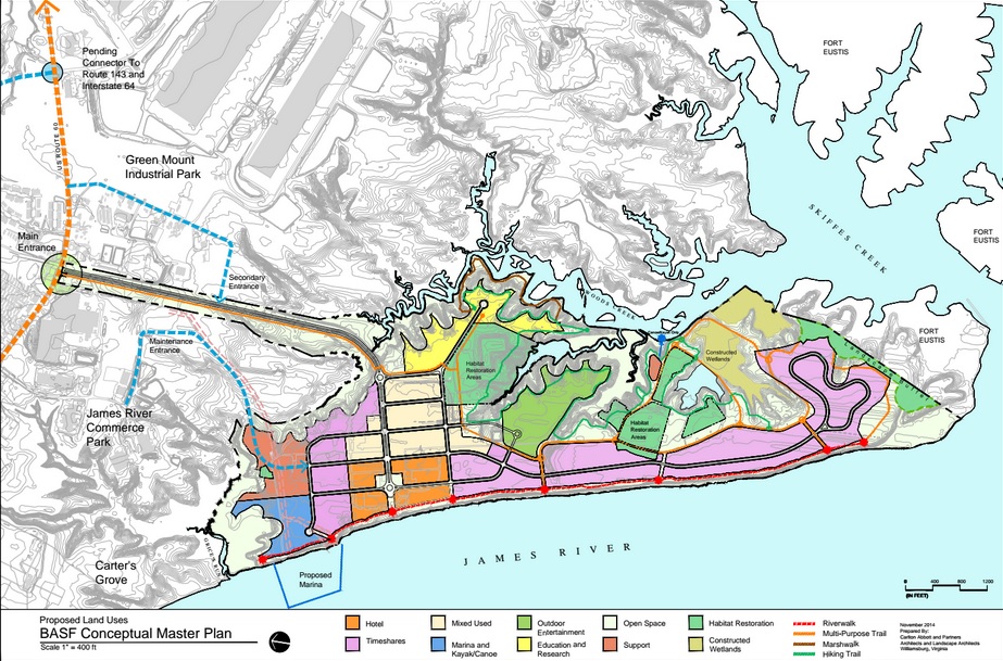 BASF Corporation submitted this conceptual master plan to James City County outlining a potential resort development in Grove. (Photo courtesy James City County)