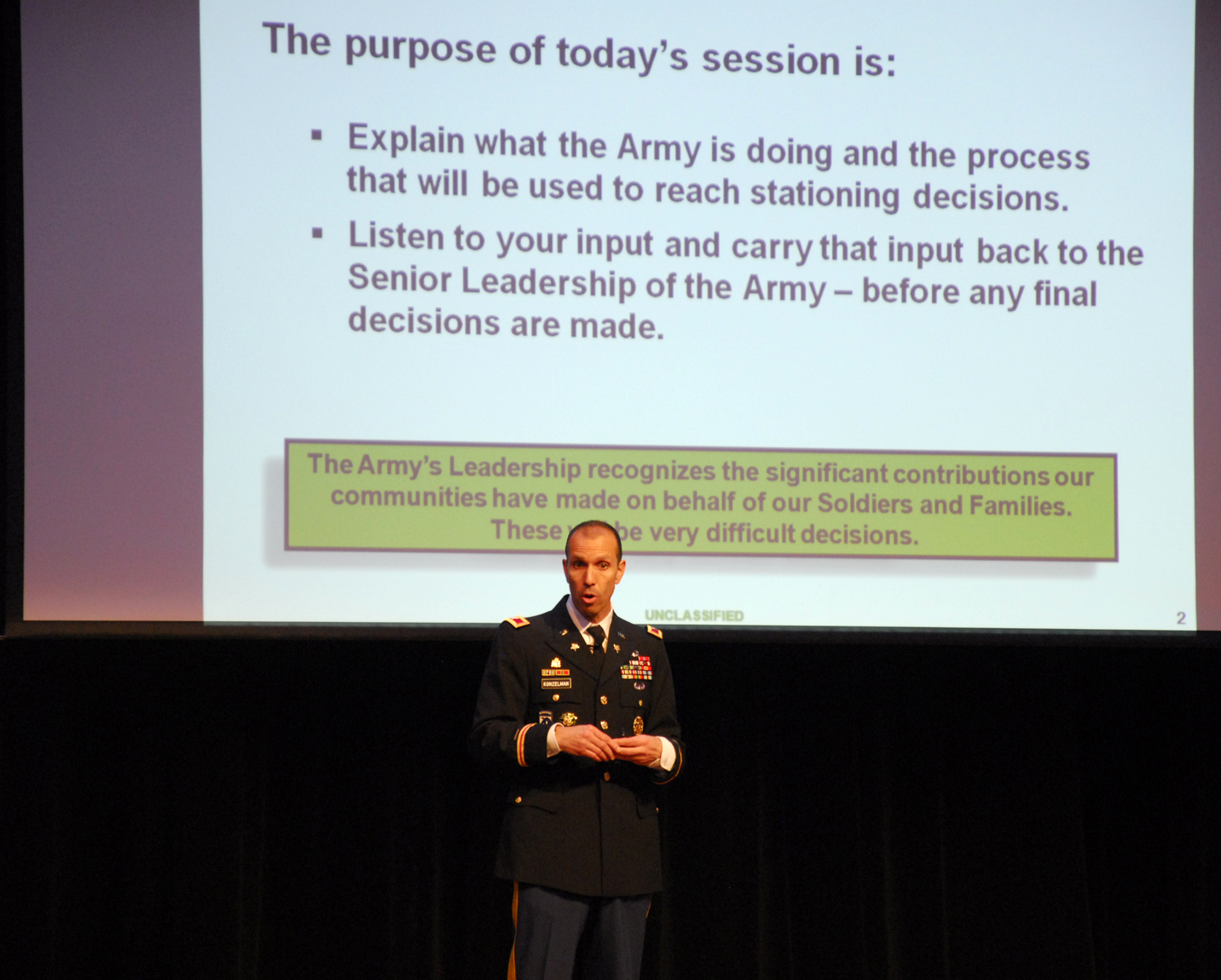 Lt. Karl Konzelman explains the purpose of a Tuesday meeting at Fort Eustis meant to gather feedback about possible troop reductions at the base. (Gregory Connolly/WYDaily)