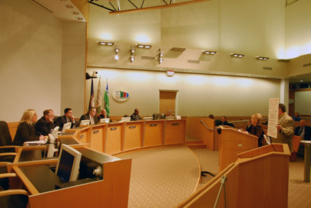 The James City County Board of Supervisors watches as a citizen speaks during public comment at a board meeting in January. (Gregory Connolly/WYDaily)
