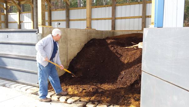 This photo shows one of the composting bins containing animal carcasses and the compost mixture (Courtesy VDOT)