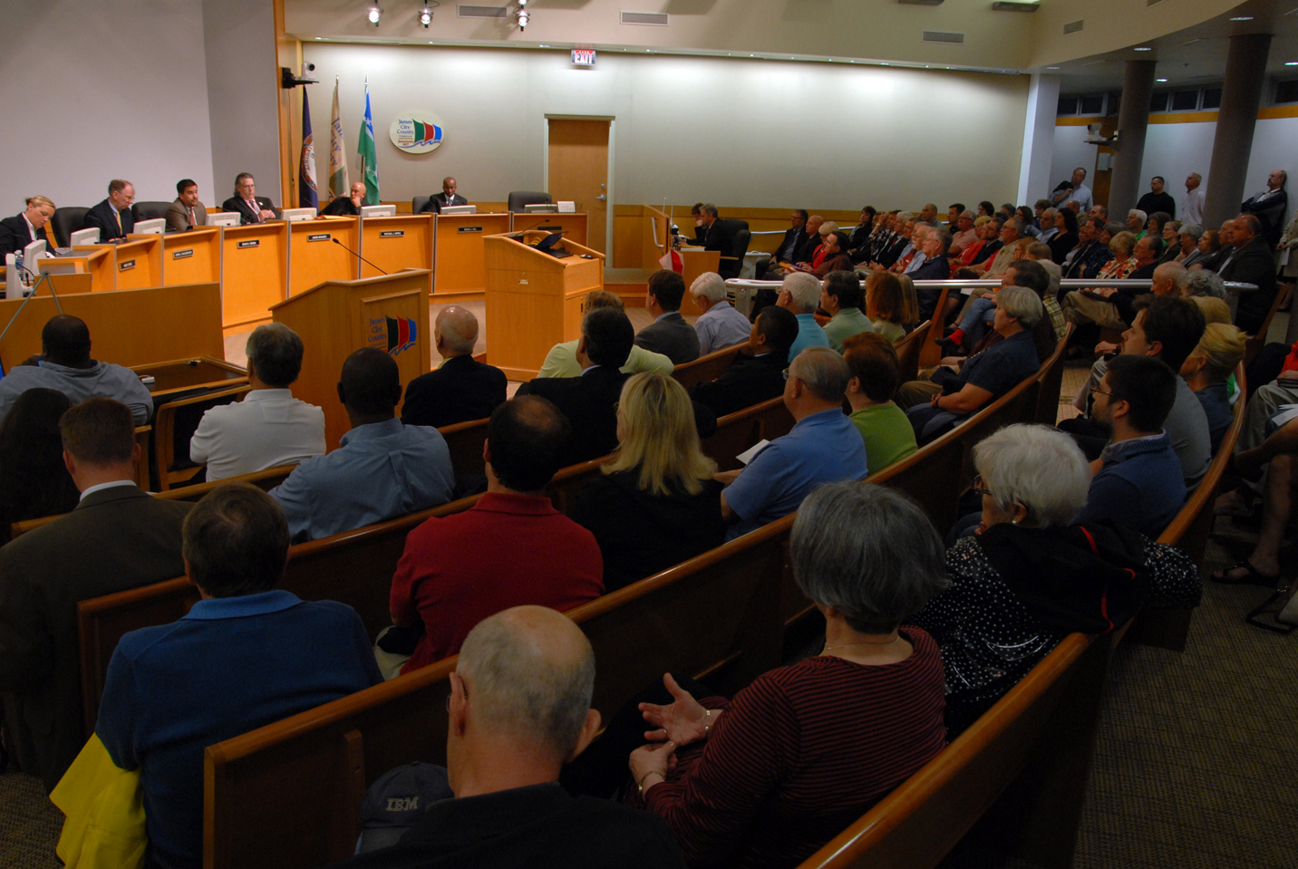 A packed boardroom watched on April 14 as the James City County Board of Supervisors debated a potential sale of the Jamestown Yacht Basin. (Gregory Connolly/WYDaily)