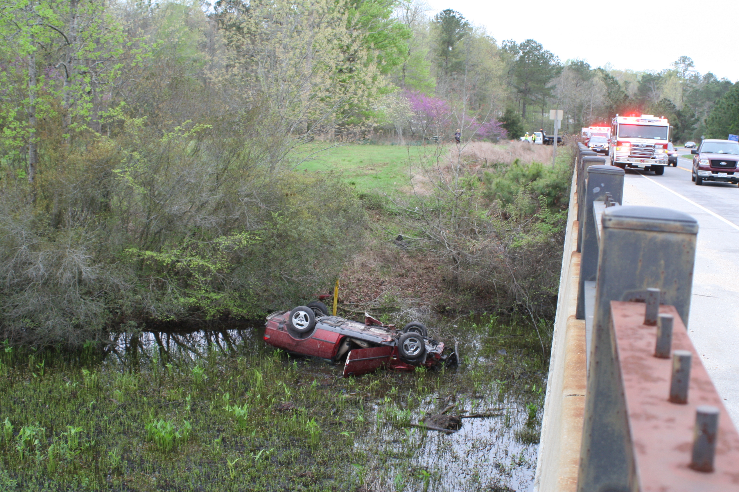 The driver of the Saab convertible was stuck inside his car for more than eight hours (Courtesy James City County Police)