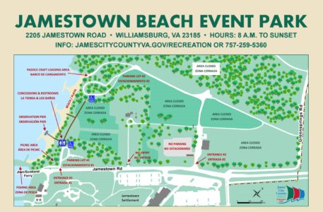 This map shows both entrances to Jamestown Beach Event Park. (Courtesy James City County)
