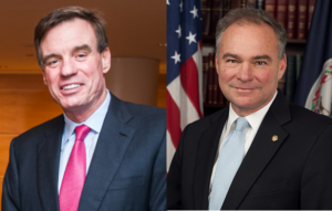 U.S. Senators Mark Warner (left) and Tim Kaine introduce a bill that would place a fee on train cars carrying crude oil.