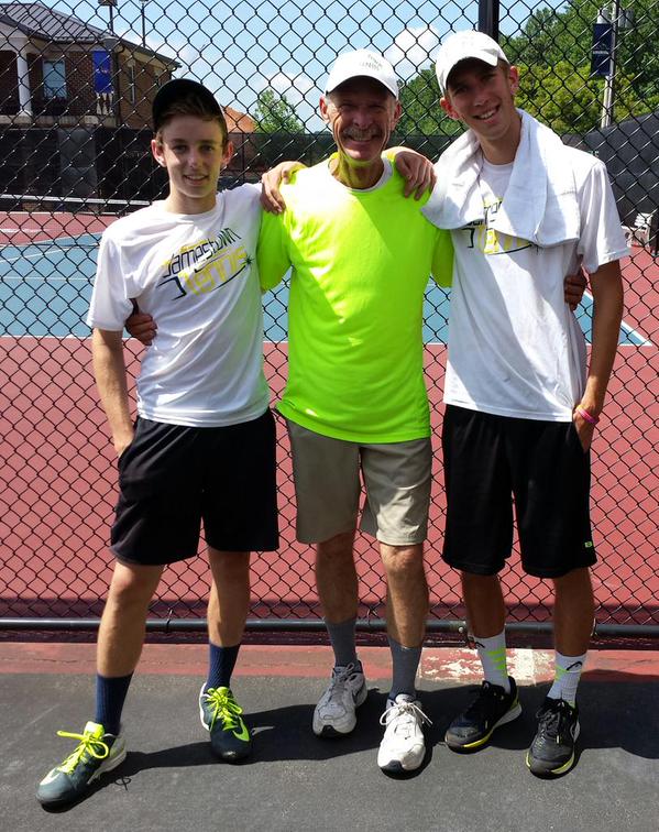 Grayson DeBerry and Derrick Neilson pose with Jamestown coach Bob Artis following the match. (Photo courtesy of Jamestown athletics)