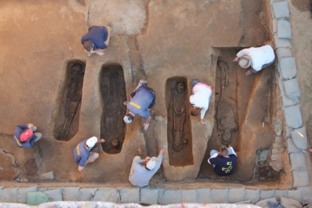 Archaeologists from the Jamestown Rediscovery Project work at a site where the bodies of four of the founders of English America were discovered. (Courtesy Jamestown Rediscovery Project)