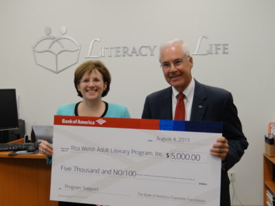 Bank of America presents Literacy for Life with a $5,000 grant to fund its adult literacy education programs. (Courtesy Literacy for Life)