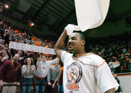 Bryan Randall is greeted by Virginia Tech fans after winning the school's first ACC Championship in football. (Photo courtesy of HokieSports.com)