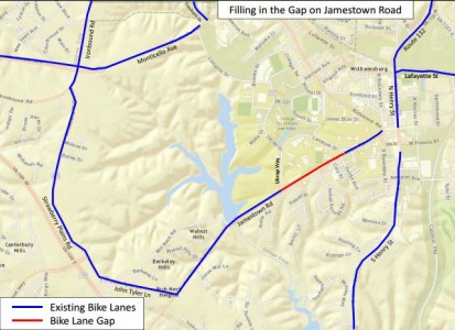 The city's network of bicycle lanes on streets currently features a gap on Jamestown Road. (Courtesy City of Williamsburg)
