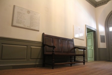 A blank space marks where the Confederate memorial plaque once hung in the Wren Building. (Ian Brickey/WYDaily)
