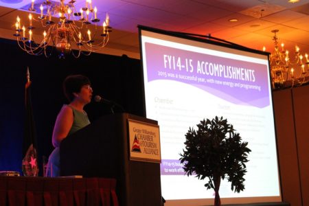 Karen Riordan, president and CEO of the Greater Williamsburg Chamber & Tourism Alliance, speaks about accomplishments in Fiscal Year 2015 during the Alliance's annual meeting Sept. 17, 2015. (Kirsten Petersen/ WYDaily)