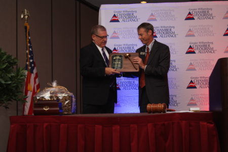 Incoming Chair Leigh Houghland and Immediate Past Chair Carl Lum. (Courtesy Greater Williamsburg Chamber and Tourism Alliance)