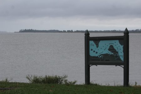 A map across from Hog Island, photographed Set. 21, 2015, indicates where Englishmen first saw shore in 1607. (Kirsten Petersen/ WYDaily)