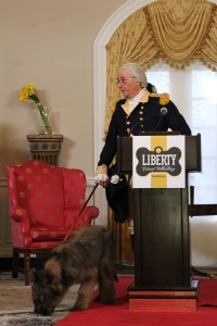 George Washington, portrayed by actor-interpreter Ron Carnegie, introduces Colonial Williamsburg's new mascot Liberty. (Kirsten Petersen/ WYDaily) 