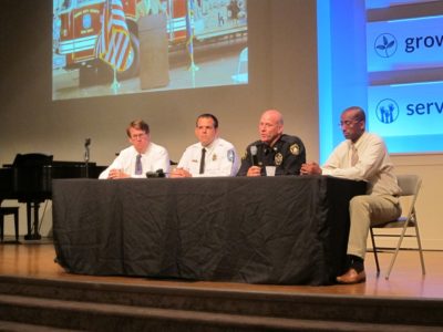 From left, Nate Green, the Commonwealth’s Attorney for James City County and the City of Williamsburg; Interim Fire Chief Ryan Ashe; Police Chief Brad Rinehimer and County Administrator Bryan Hill at the public safety community meeting Sept. 24, 2015. (Kirsten Petersen/ WYDaily)