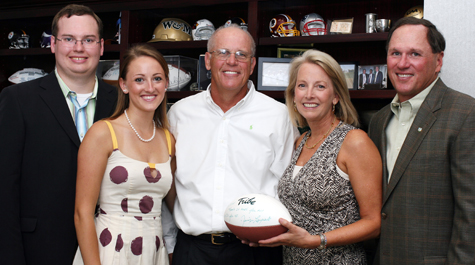 From left to right: Mark and Emily Gerdelman, W&M Football Coach Jimmye Laycock, and Sue and John Gerdelman (Photo courtesy of Tribe Athletics)