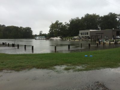 All the dry docks at the James City County Marina are underwater, but Marina Manager Kim Berry has been out on the docks making sure the boats are secure. (Courtesy of Mark Gillespie)