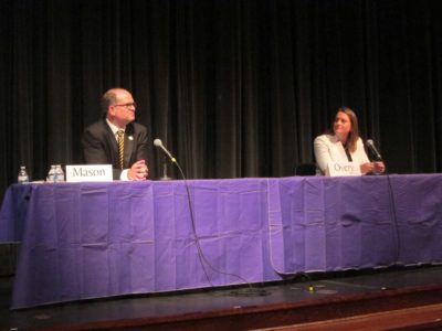 Incumbent Del. Monty Mason and challenger Lara Overy prepare for their candidate forum Oct. 29, 2015. (Kirsten Petersen/ WYDaily)