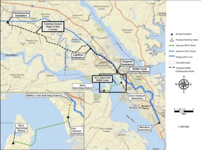 This map, provided by Dominion Virginia Power, shows the two routes the U.S. Army Corps of Engineers identified as the best options for powering the Peninsula, the Surry-Skiffes Creek-Whealton 500kV Overhead power line and the Chickahominy-Skiffes Creek-Whealton 500kV power line., in a preliminary findings report. (Courtesy of Dominion Virginia Power)
