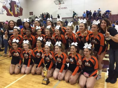 Tabb's cheerleaders celebrate with a regional championship. (Photo courtesy of Tabb Athletics)