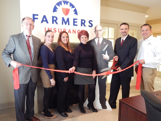 Celebrating the grand opening of the local Farmers Insurance and Financial Services, The D’Alessandro Agency are (from left) John McGlennon, Roberts District Supervisor; Sarah Switzer (Farmers Trainer); Dawn Lavely (Licensed Agent); Dorothy Glass (Licensed Agent); Professor Burke (Marketing Display); Michael D’Alessandro 9(Mike D.)Agency Owner and Licensed Insurance and Financial Services Representative) and Thomas Brown (Farmers District Manager). (Photo courtesy of James City County)