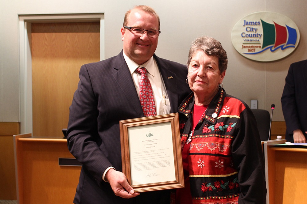 WJCC School Board Chairman Jim Kelly (Jamestown) recognized Elise Emanuel (City of Williamsburg) for her service to the board during the Dec. 15 meeting. (Photo courtesy of WJCC Schools)