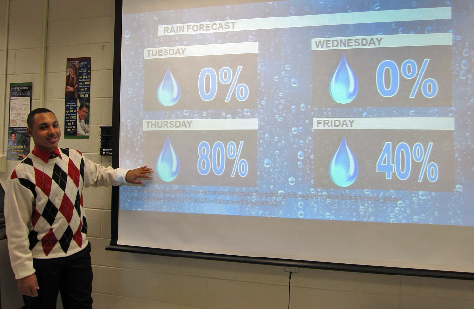 Omar Jones, 16, a junior at Jamestown High School, shows off one of his weather graphics he created for a Dec. 15, 2015 forecast. (Kirsten Petersen/WYDaily)