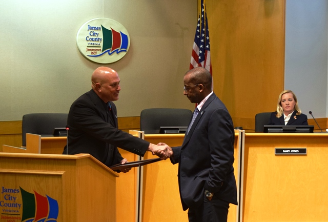 Chairman Michael Hipple recognized James City County Administrator Bryan Hill for his work on the fiscal 2016 budget. (Courtesy of James City County)