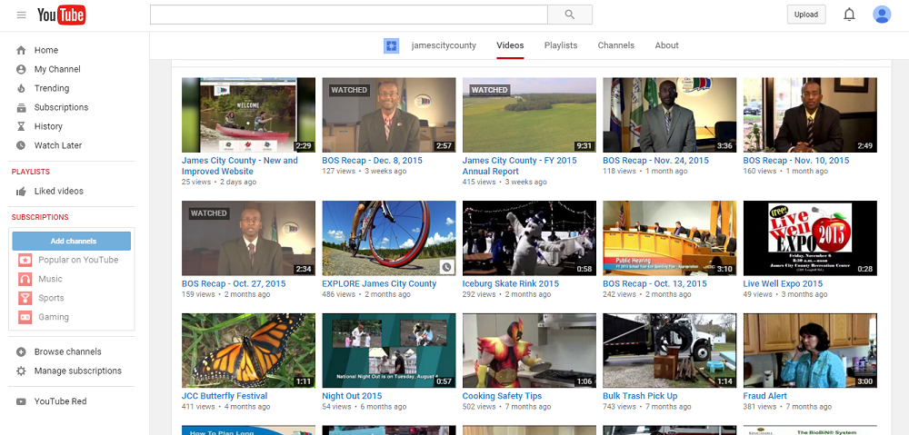 The James City County Youtube channel is filled to the brim with videos. (Ty Hodges/WYDaily)