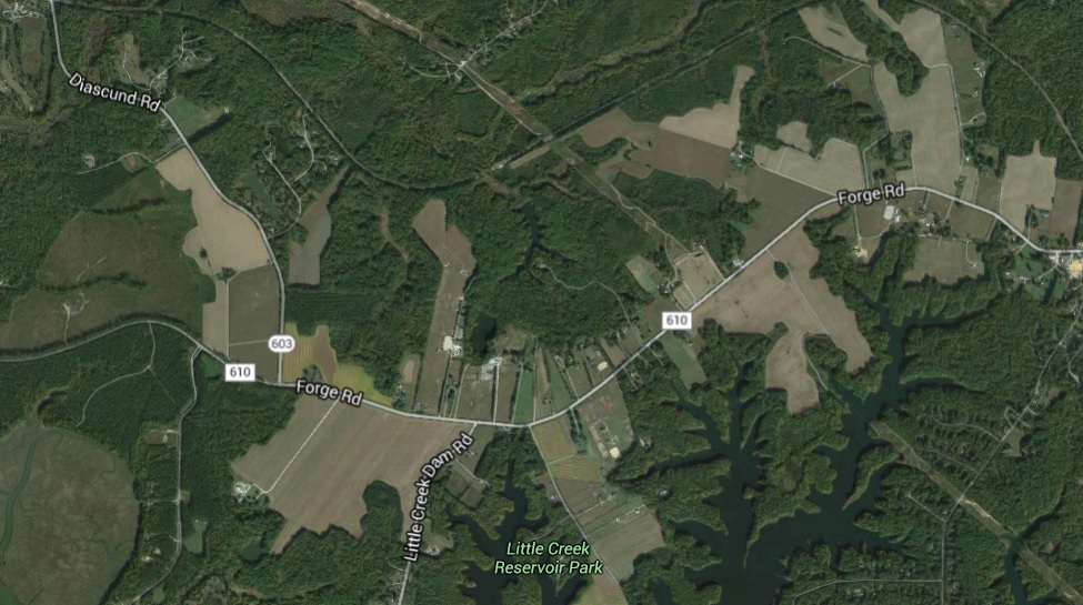 Rural acres in Toano on Forge and Diascund roads are among the PDR purchases made since 2001 (Image via Google Maps).