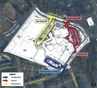 A map presented during the Jan. 14 Williamsburg City Council meeting shows the proposed access driveways for the fourth WJCC middle school. (Image courtesy of Kimley-Horn)