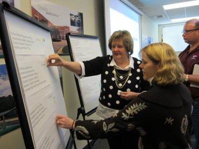 From left to right, WJCC School Board members Sandy Young (Berkeley) and Kyra Cook (City of Williamsburg) place stickers next to their Fiscal Year 2017 budget priority items during the Board's budget retreat Jan. 16, 2016. (Kirsten Petersen/WYDaily)