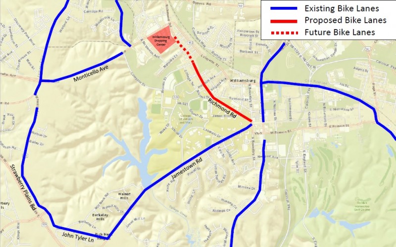 This map shows the areas in the downtown and Midtown areas of the City of Williamsburg that have bike lanes. (Courtesy of the City of Williamsburg)