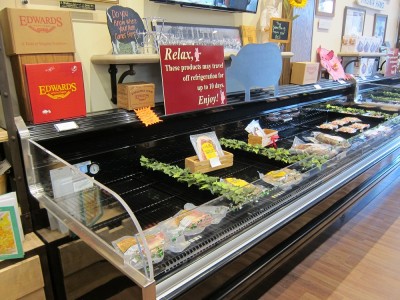 As of Friday afternoon, only two packages of hickory smoked sliced ham was on the shelf at the Edwards Virginia Ham Shoppe in Williamsburg. There is a limited supply of packaged bacon and sausage. (Kirsten Petersen/ WYDaily)