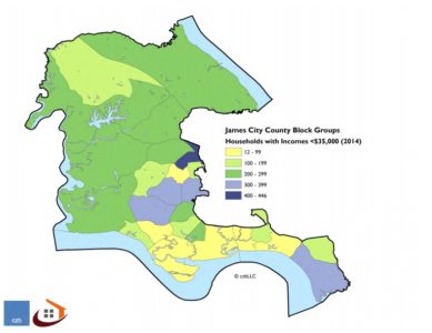 This map shows the number of households in each James City County "block group" earning less than $35,000 annually. (czb)
