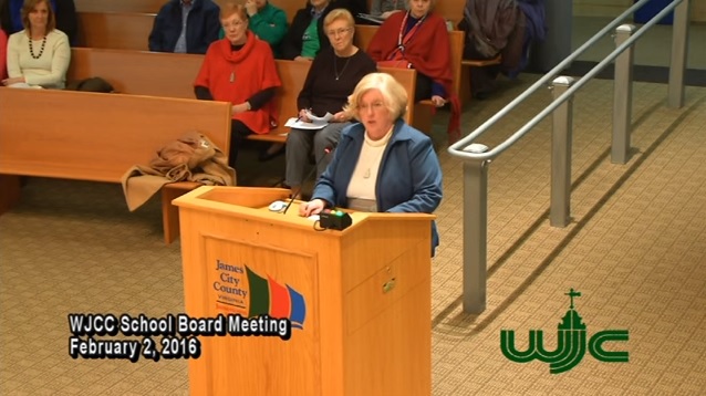 Mary Minor, a former WJCC School Board chairwoman, speaks to her application for the Powhatan seat during a public hearing Feb. 2, 2016. (WJCC)