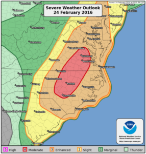 This map from the National Weather Service shows the Historic Triangle in an area of an enhanced risk of severe weather as of Wednesday morning. (National Weather Service)