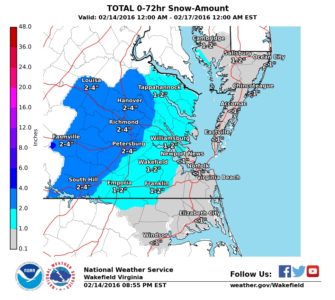 The National Weather Service is currently predicting 1 to 2 inches of snow for parts of the Historic Triangle. (photo courtesy of the National Weather Service)