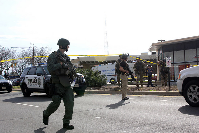 Law enforcement from the Virginia State Police, Richmond Police Department, FBI, ATF, U.S. Department of Homeland Security, U.S. Marshals Service and Henrico County Police assisted and offered resources in the shooting at Greyhound Bus station. (Andrew Crider/Capital News Service)