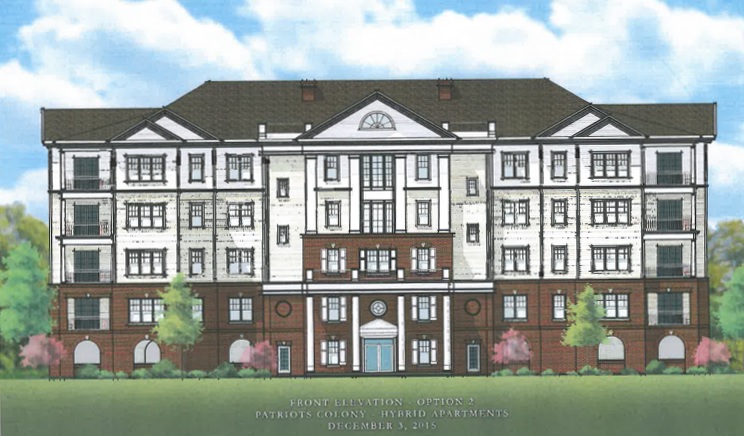 This is the proposed front elevation for a hybrid apartment building at Patriots Colony. (JCC)