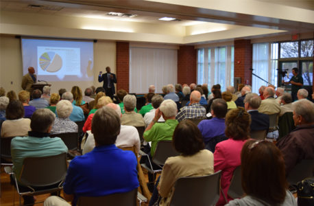 JCC Board of Supervisors Chairman Michael Hipple (Powhatan) and JCC County Administrator Bryan Hill speak to residents during a public meeting on the budget in 2015. (JCC)