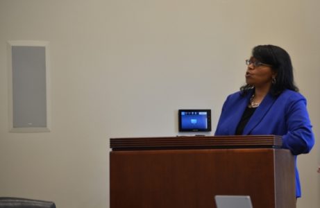 Chief Diversity Officer and Task Force Chair Chon Glover M.Ed. '99 Ed.D. '06 presents Task Force report to the Board of Visitors. (Sarah Smith/The Flat Hat)